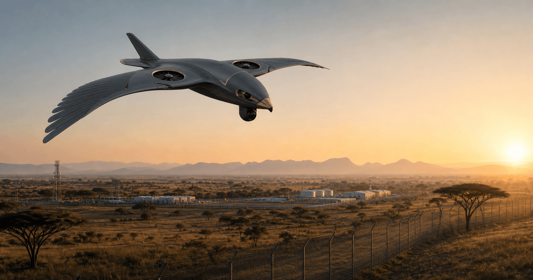 Eagle-inspired Lindur drone visibly operating above an infrastructure perimeter